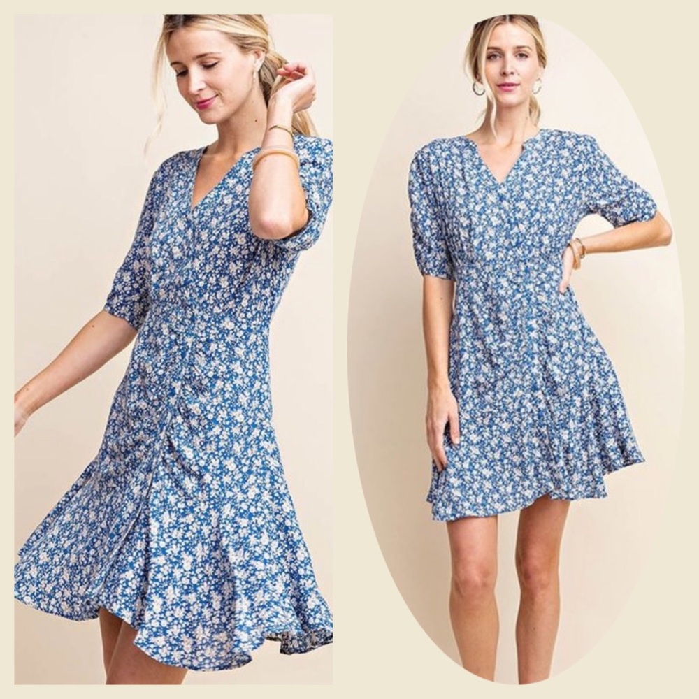 SALE Beautiful blue floral flared dress